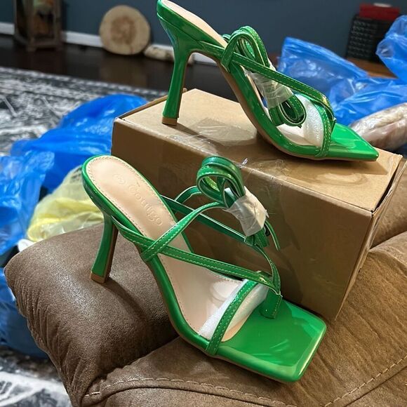 Coutgo Women's Lace Up Square Open Toe Strappy Stiletto Heels. Green. Size 5. NI - Picture 2 of 10